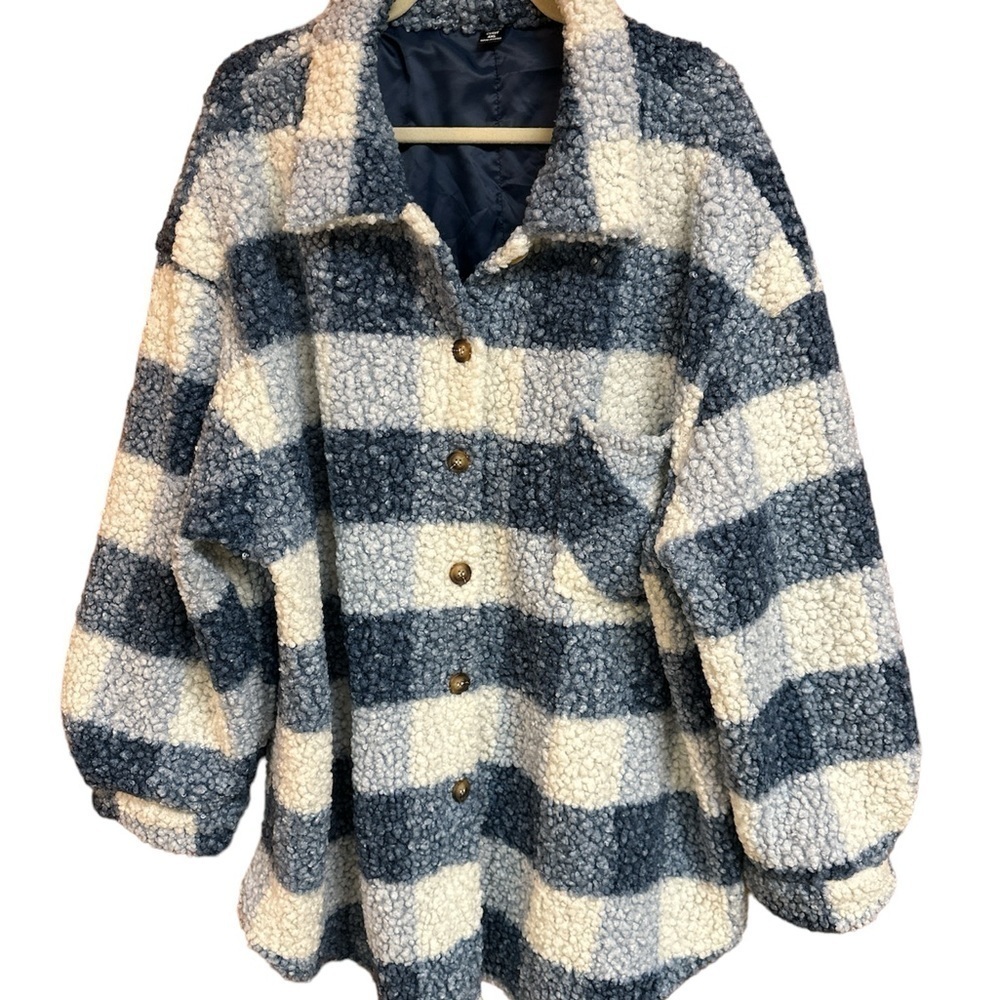 Shein Curve Blue/White Shaggy Buffalo Plaid Button-down Jacket NWOT 4XL